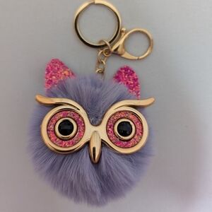 Owl Keychain Purse Charm with Fuzzy Pompom Glitter NWOT
